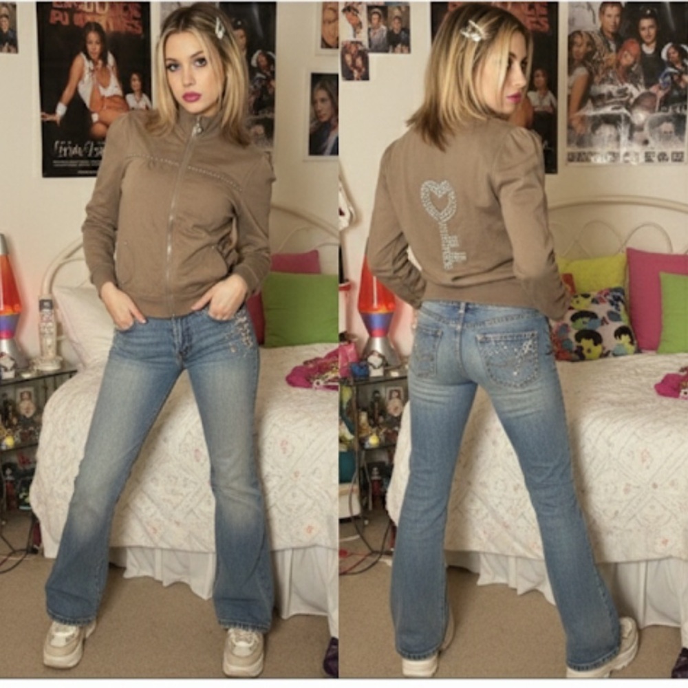 Y2K‎ Twisted Heart Cotton Key Zip-Up Hoodie Rhinestones Bling Crystals Small
